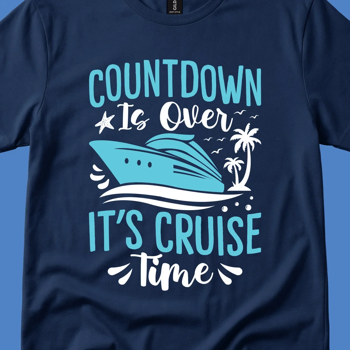 Countdown is over it's cruise time design with turquoise cruise ship, palm trees, seagulls, and tropical elements on gray background