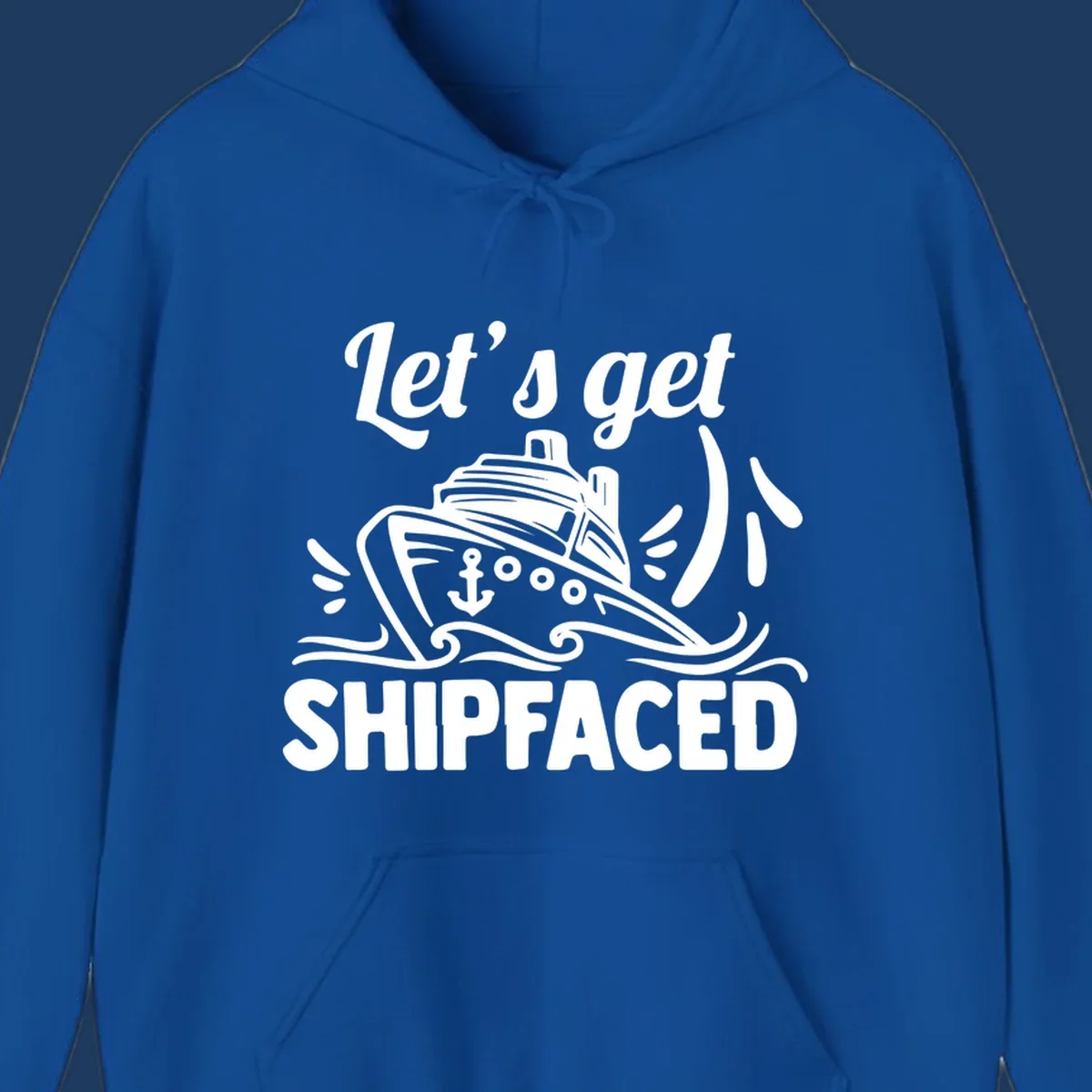 White illustration of cruise ship with anchor and waves, text reads 'Let's get Shipfaced' - nautical humor design for cruise vacations