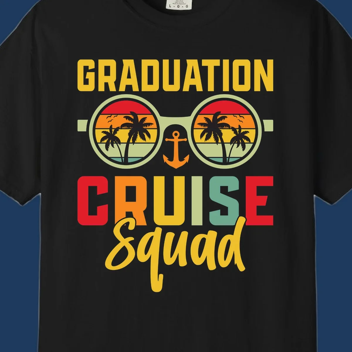 Graduation Cruise Squad design featuring binoculars with tropical sunset palm tree views and anchor symbol with bold colorful text