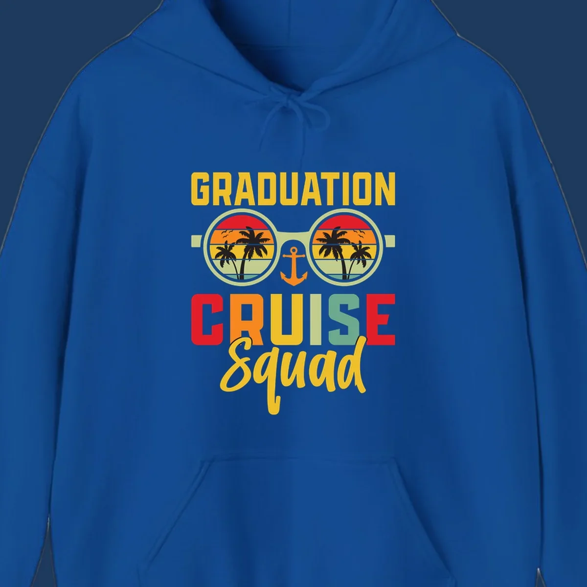 Graduation Cruise Squad design featuring binoculars with tropical sunset palm tree views and anchor symbol with bold colorful text