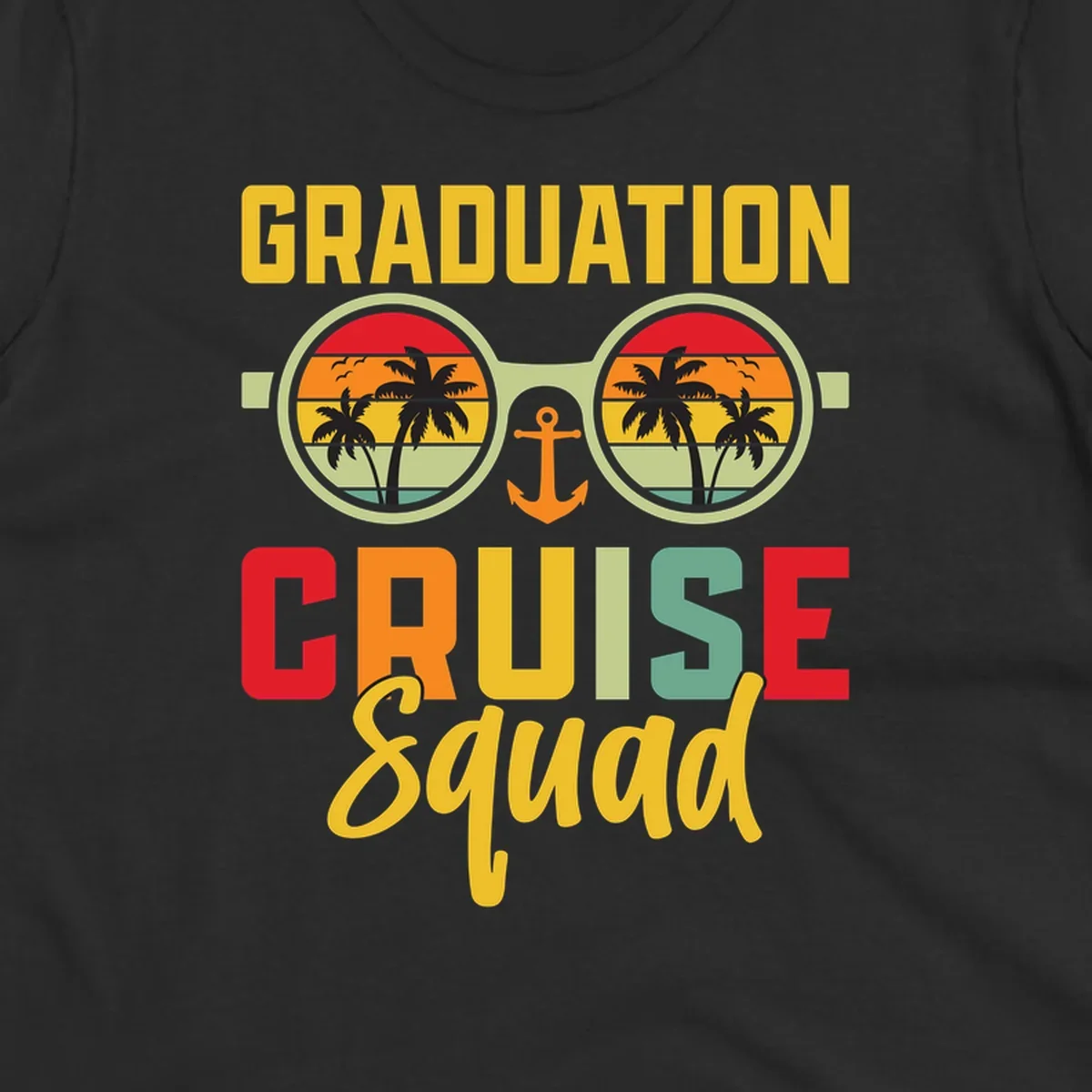 Graduation Cruise Squad design featuring binoculars with tropical sunset palm tree views and anchor symbol with bold colorful text