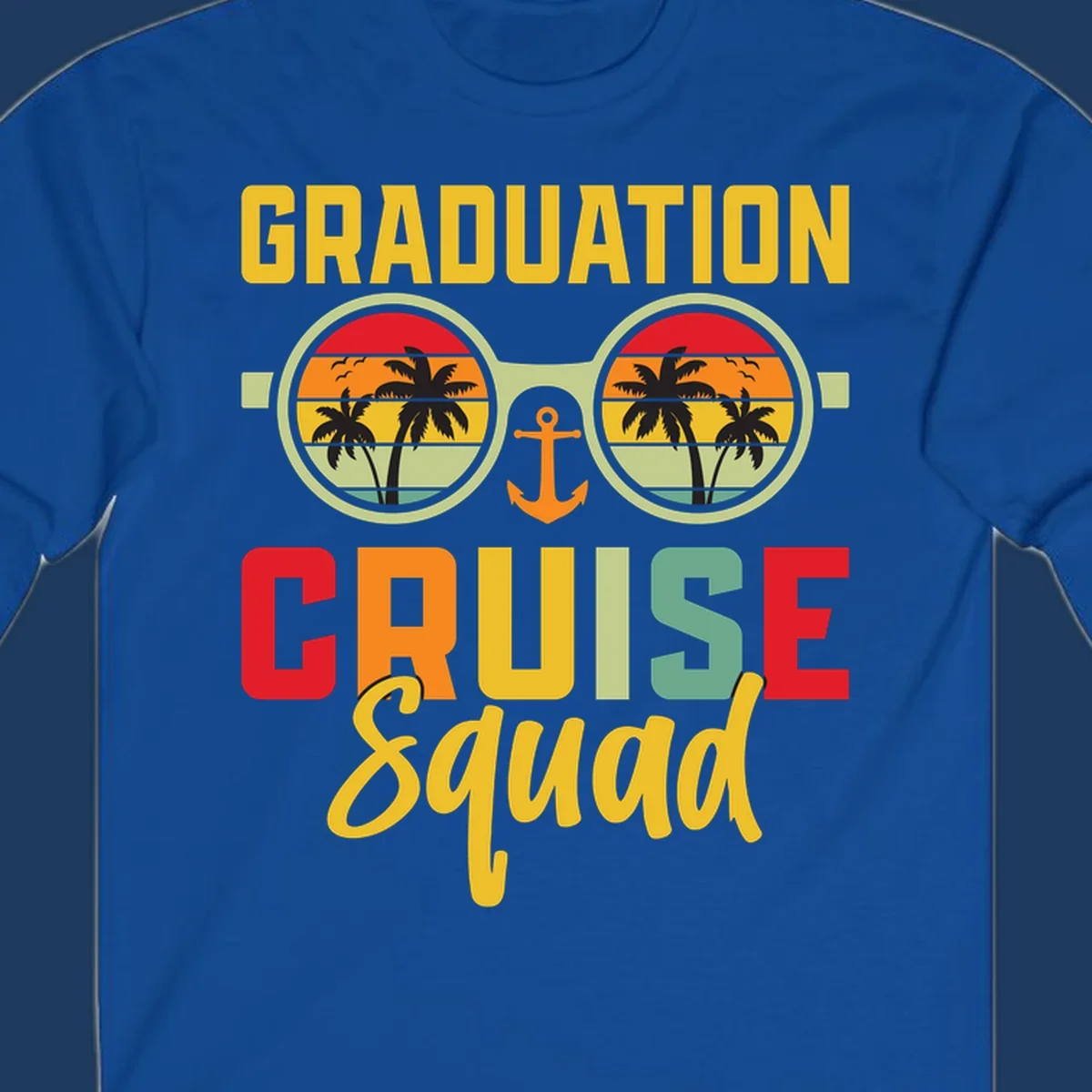 Graduation Cruise Squad design featuring binoculars with tropical sunset palm tree views and anchor symbol with bold colorful text