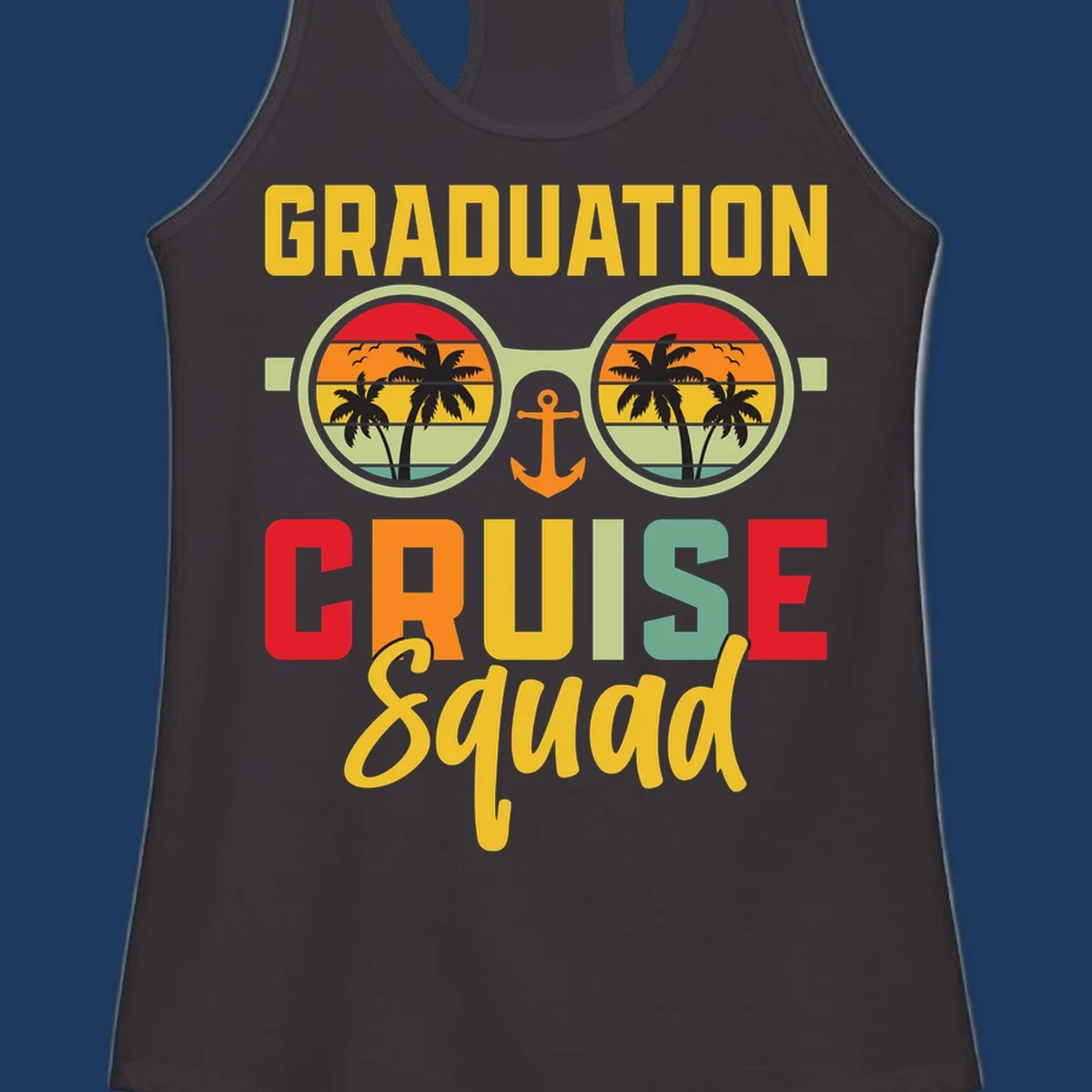 Graduation Cruise Squad design featuring binoculars with tropical sunset palm tree views and anchor symbol with bold colorful text