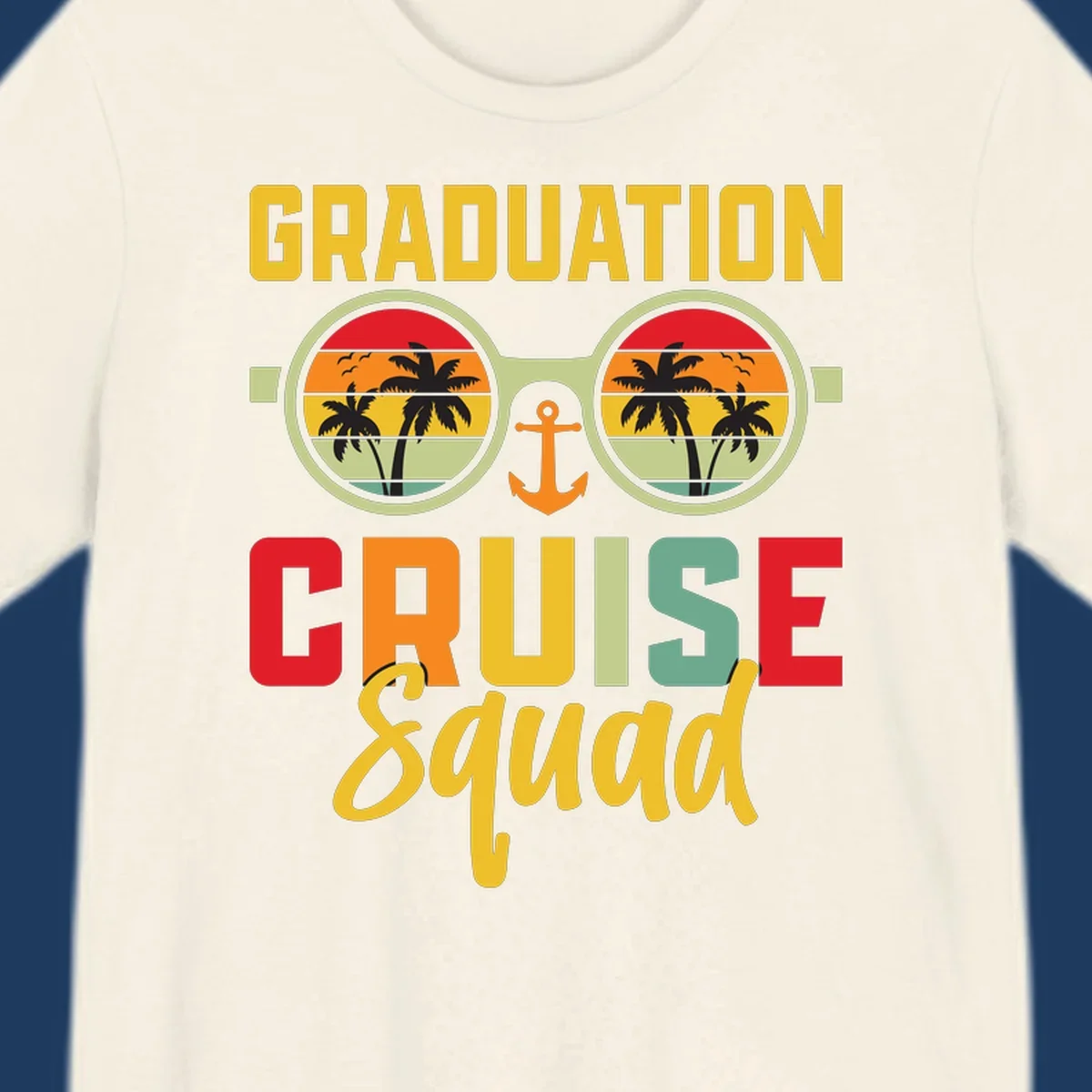 Graduation Cruise Squad design featuring binoculars with tropical sunset palm tree views and anchor symbol with bold colorful text