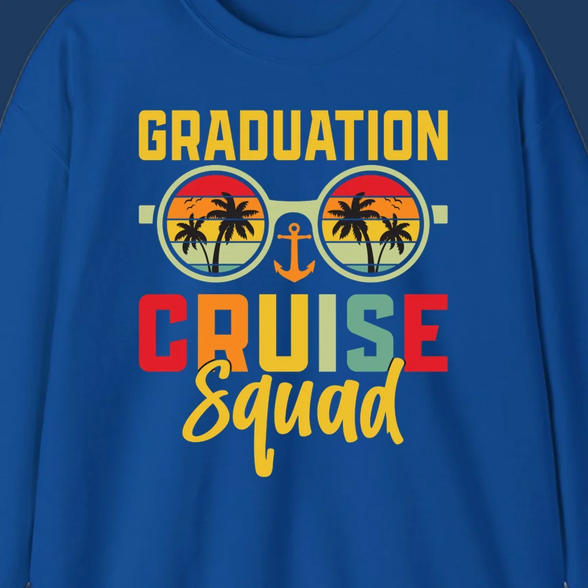 Graduation Cruise Squad design featuring binoculars with tropical sunset palm tree views and anchor symbol with bold colorful text