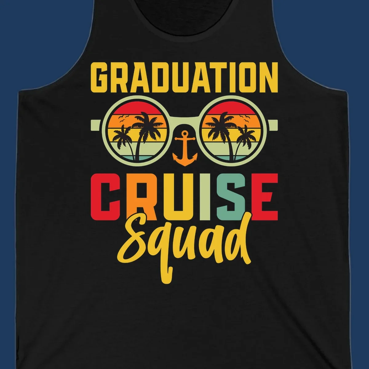 Graduation Cruise Squad design featuring binoculars with tropical sunset palm tree views and anchor symbol with bold colorful text