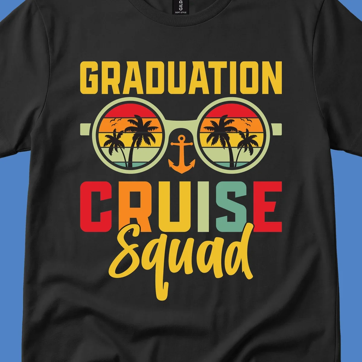 Graduation Cruise Squad design featuring binoculars with tropical sunset palm tree views and anchor symbol with bold colorful text