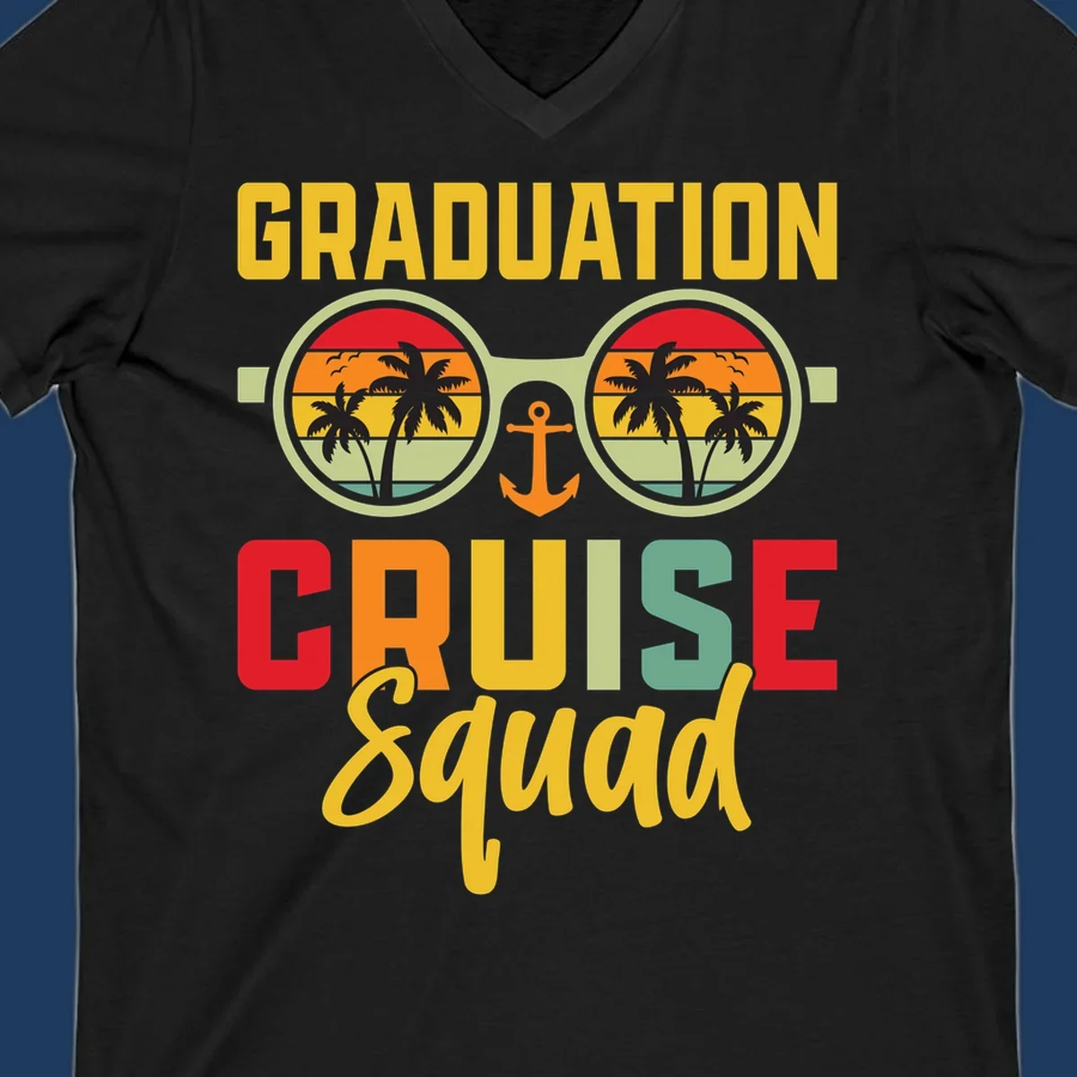 Graduation Cruise Squad design featuring binoculars with tropical sunset palm tree views and anchor symbol with bold colorful text