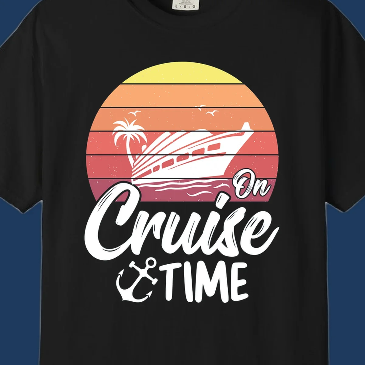 Retro sunset illustration with cruise ship, palm tree, and seagulls, featuring 'On Cruise Time' text with anchor symbol