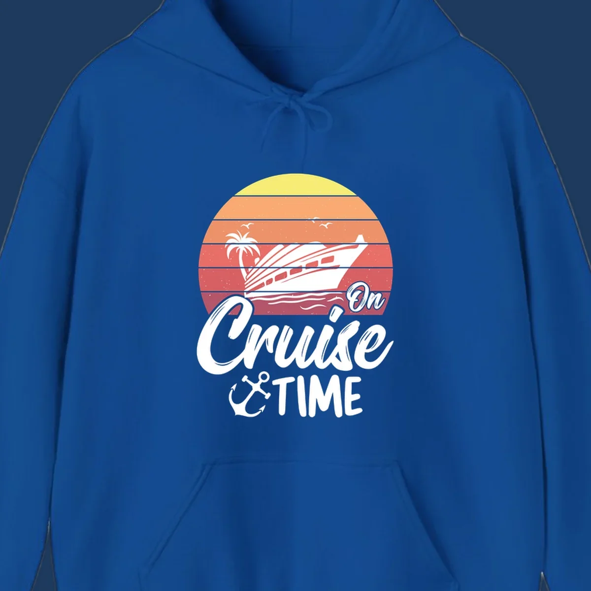 Retro sunset illustration with cruise ship, palm tree, and seagulls, featuring 'On Cruise Time' text with anchor symbol
