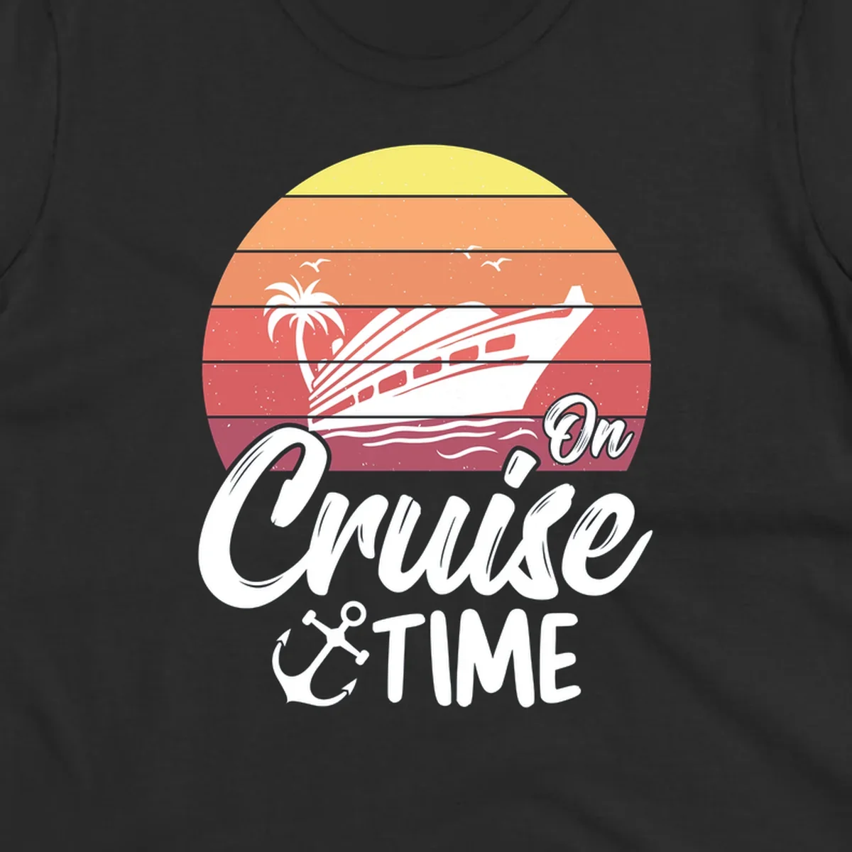 Retro sunset illustration with cruise ship, palm tree, and seagulls, featuring 'On Cruise Time' text with anchor symbol