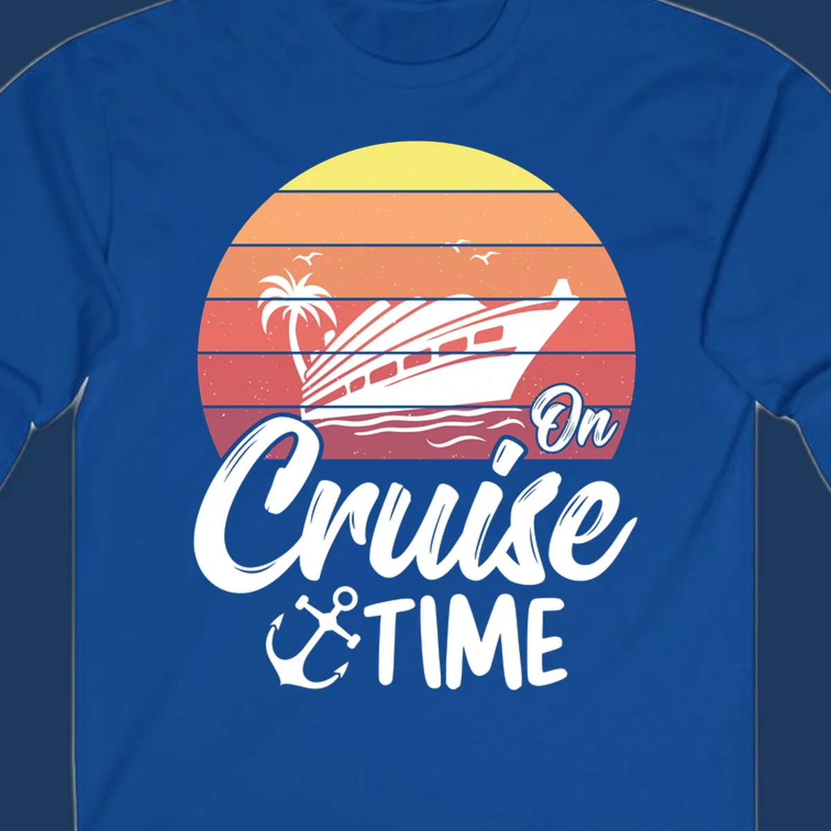 Retro sunset illustration with cruise ship, palm tree, and seagulls, featuring 'On Cruise Time' text with anchor symbol