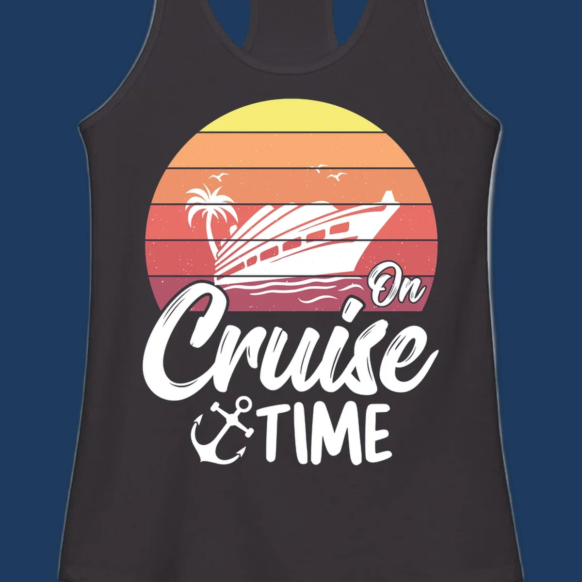 Retro sunset illustration with cruise ship, palm tree, and seagulls, featuring 'On Cruise Time' text with anchor symbol