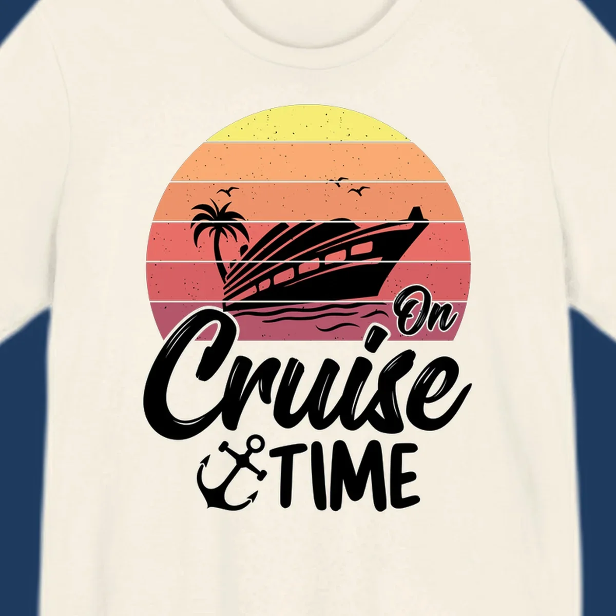 Retro sunset illustration with cruise ship, palm tree, and seagulls, featuring 'On Cruise Time' text with anchor symbol