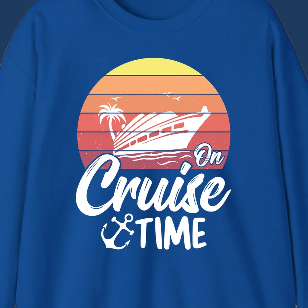 Retro sunset illustration with cruise ship, palm tree, and seagulls, featuring 'On Cruise Time' text with anchor symbol