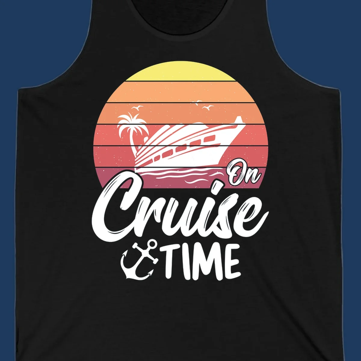Retro sunset illustration with cruise ship, palm tree, and seagulls, featuring 'On Cruise Time' text with anchor symbol