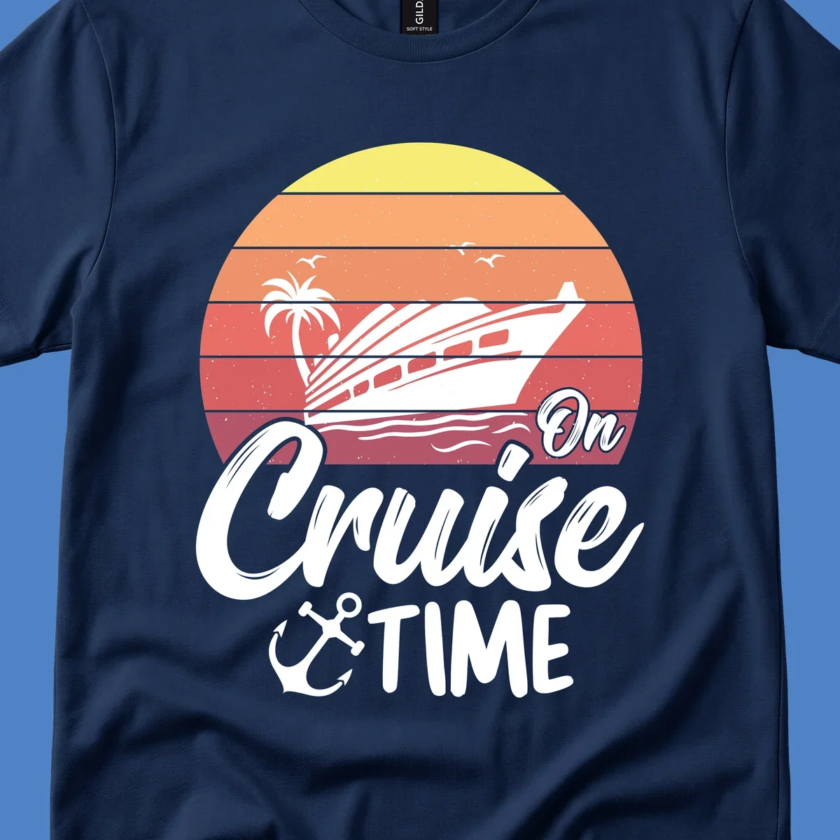 Retro sunset illustration with cruise ship, palm tree, and seagulls, featuring 'On Cruise Time' text with anchor symbol