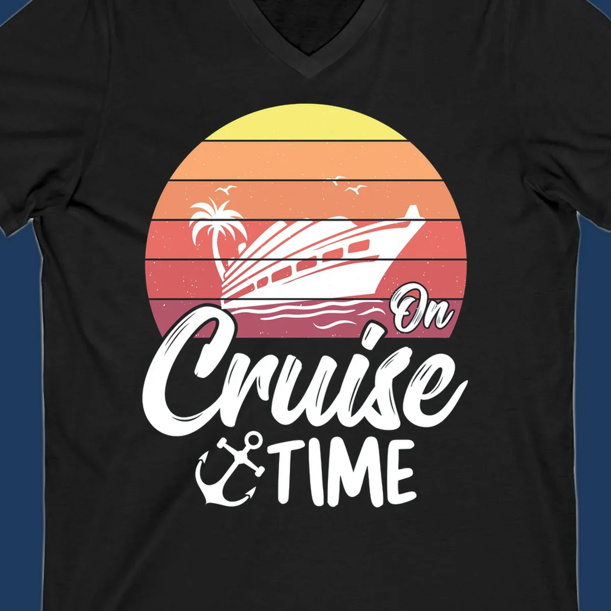 Retro sunset illustration with cruise ship, palm tree, and seagulls, featuring 'On Cruise Time' text with anchor symbol
