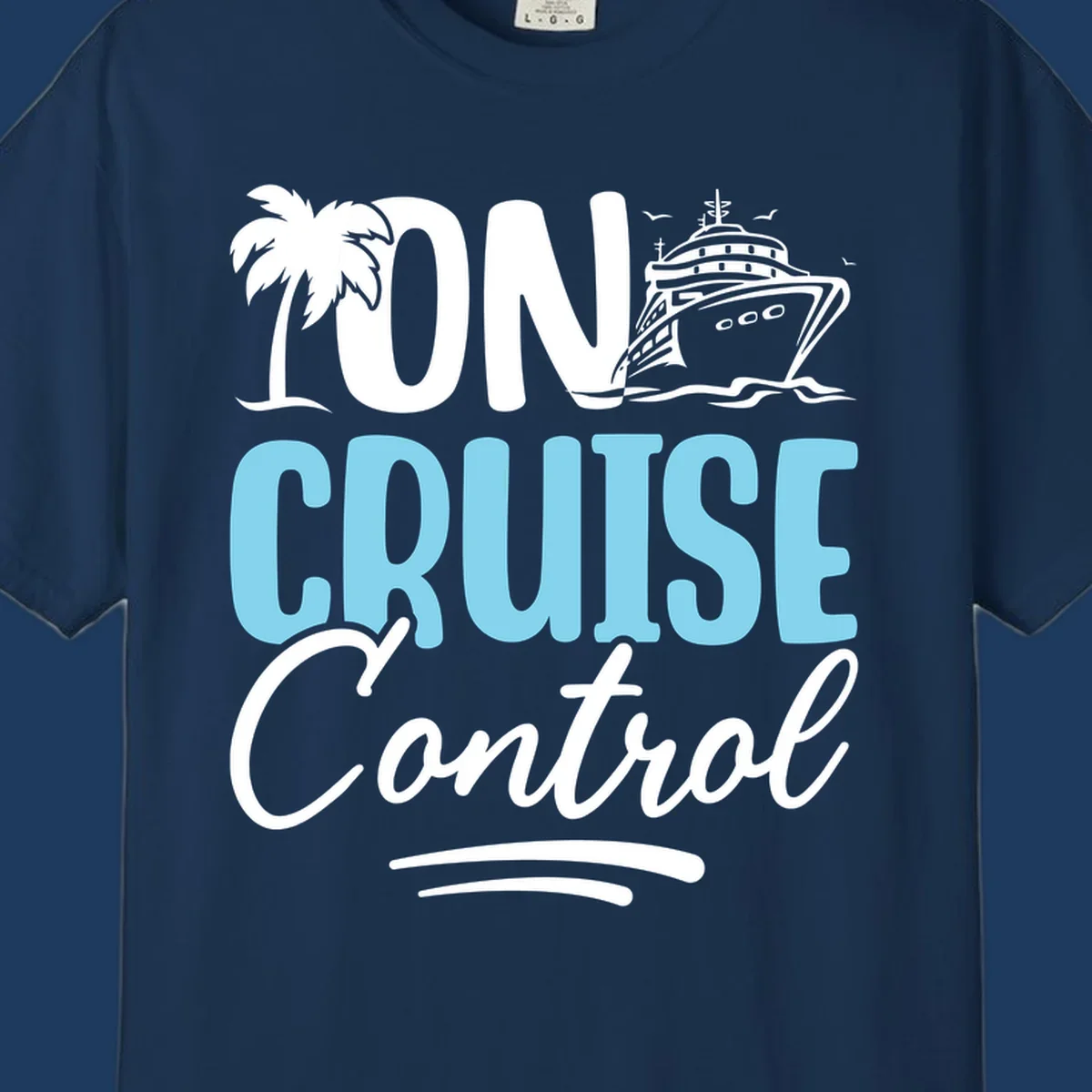 On Cruise Control design with palm tree, cruise ship illustration, and tropical ocean theme in white and cyan colors