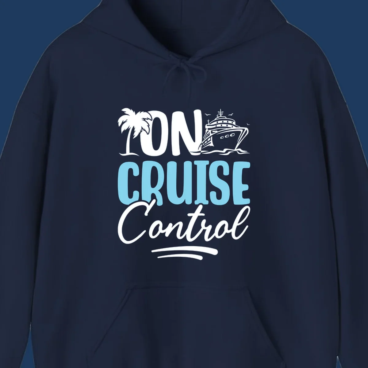 On Cruise Control design with palm tree, cruise ship illustration, and tropical ocean theme in white and cyan colors