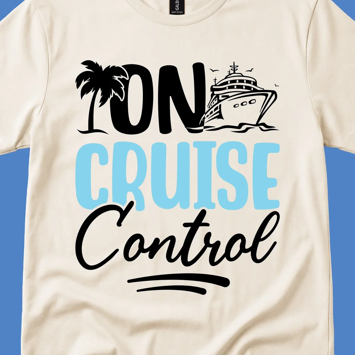 On Cruise Control design with palm tree, cruise ship illustration, and tropical ocean theme in white and cyan colors