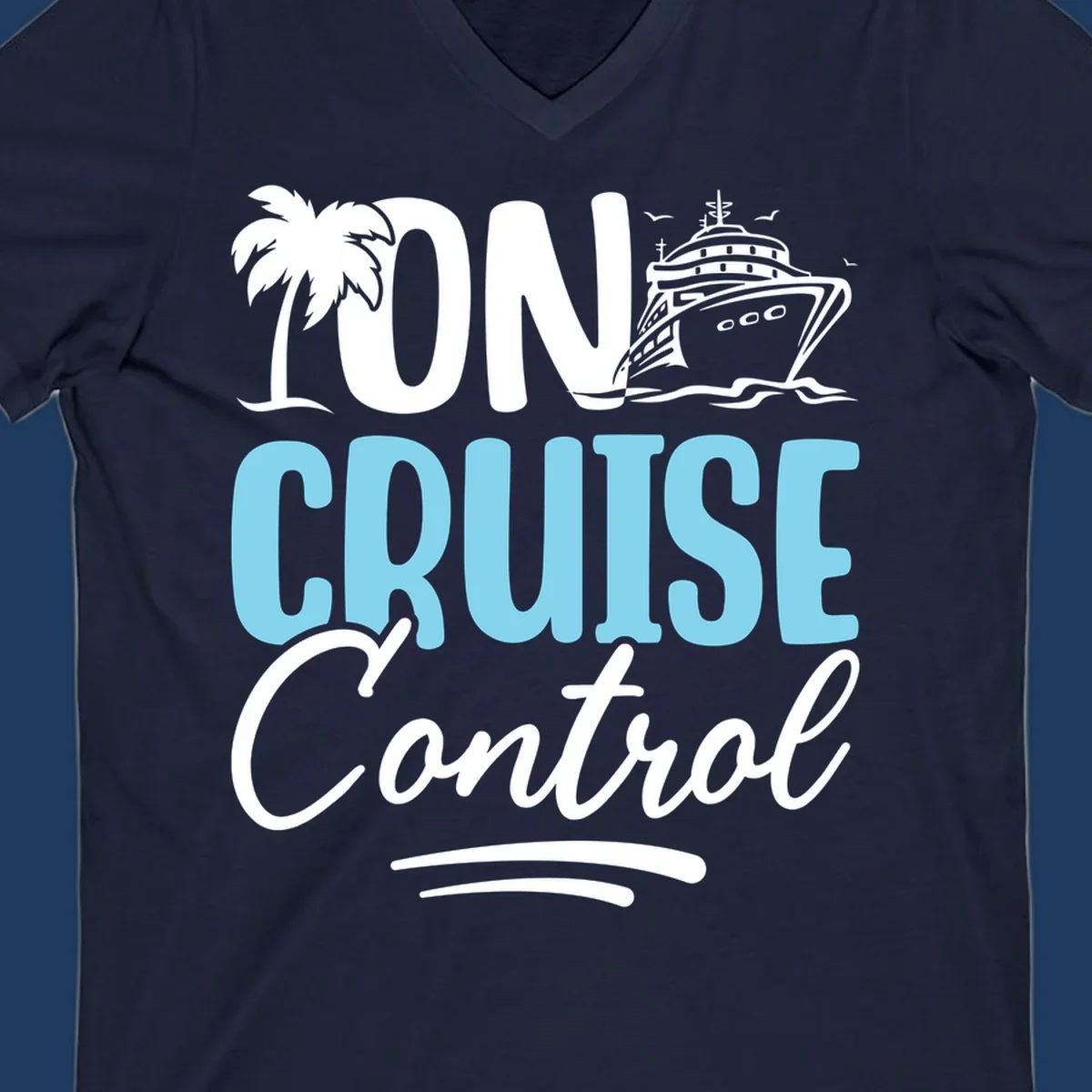 On Cruise Control design with palm tree, cruise ship illustration, and tropical ocean theme in white and cyan colors