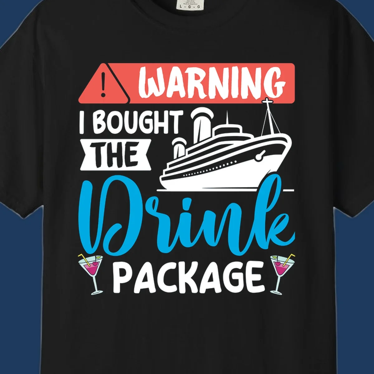 Warning graphic with cruise ship and wine glasses - humorous cruise wine package design