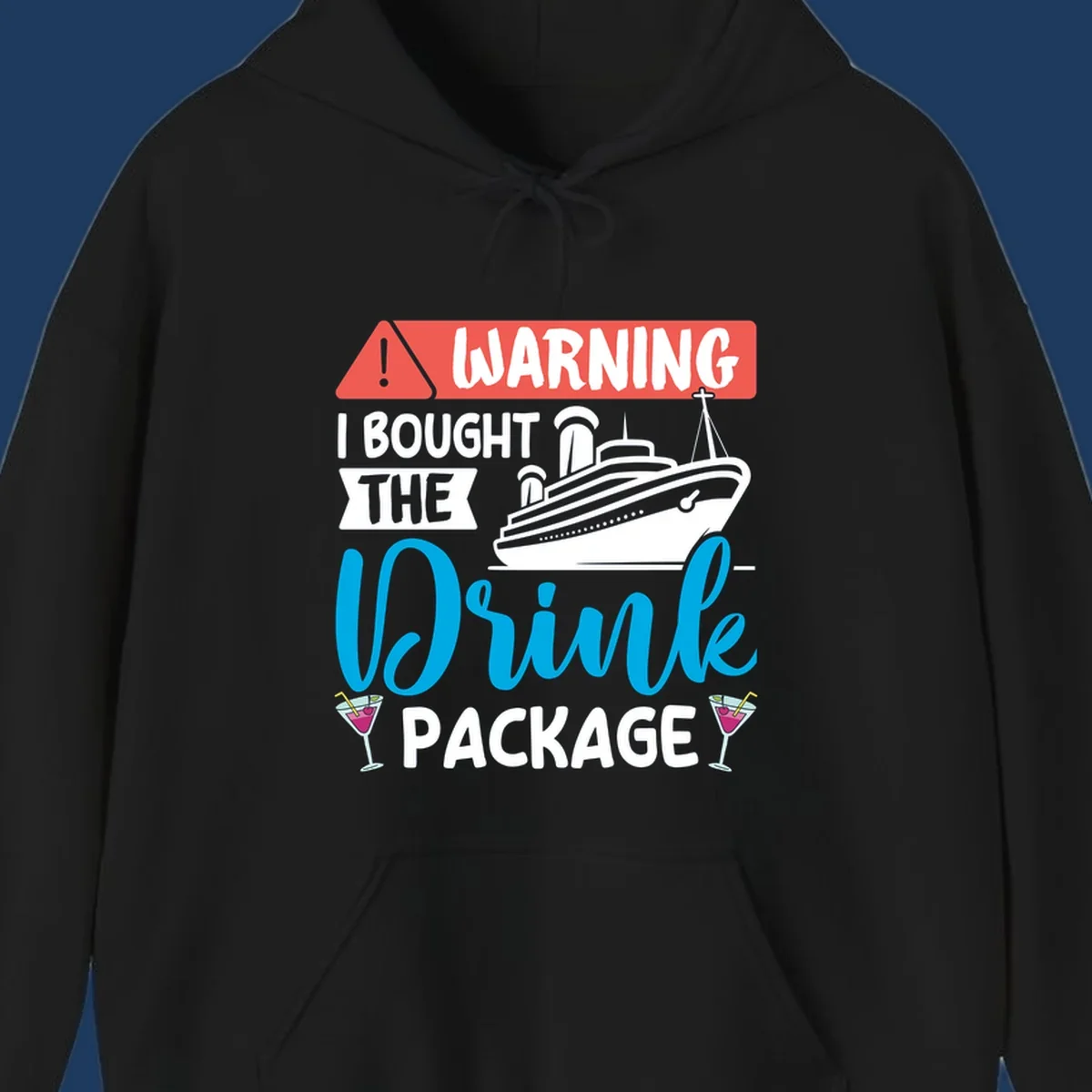 Warning graphic with cruise ship and wine glasses - humorous cruise wine package design