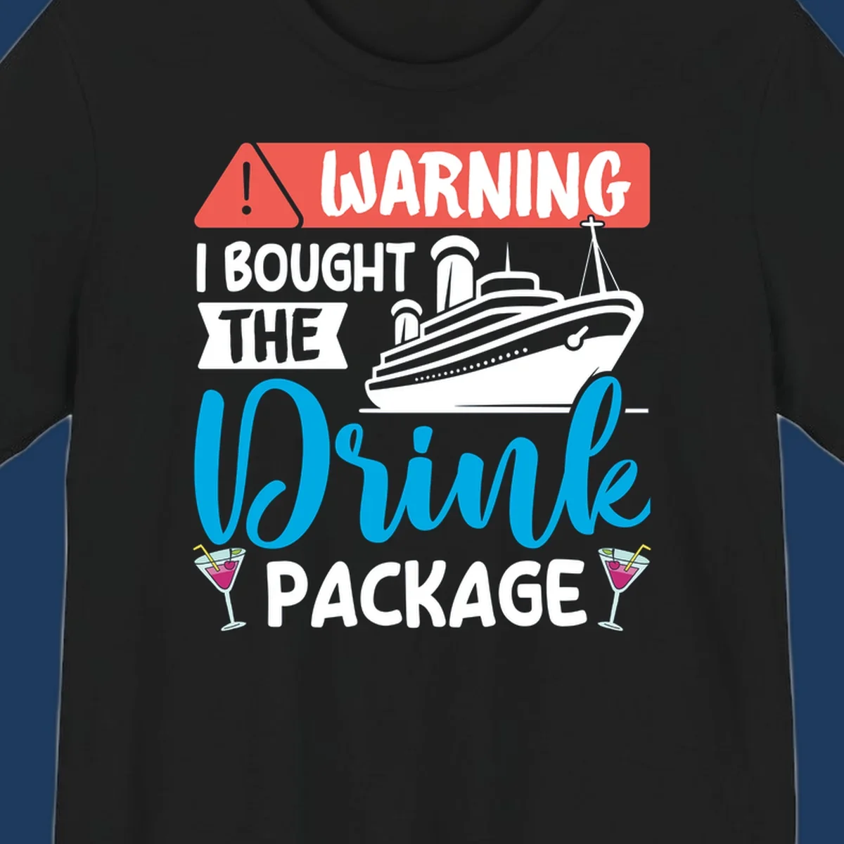 Warning graphic with cruise ship and wine glasses - humorous cruise wine package design