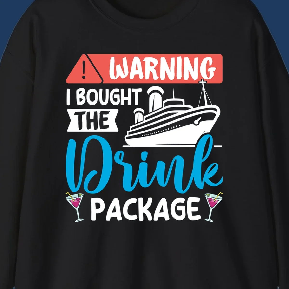 Warning graphic with cruise ship and wine glasses - humorous cruise wine package design