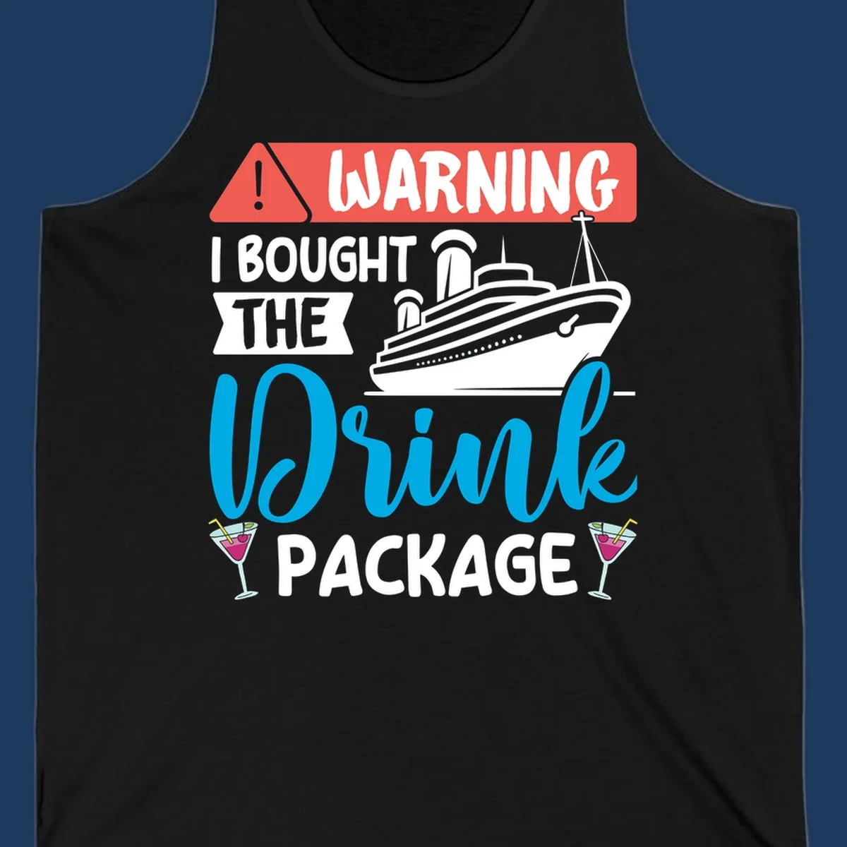 Warning graphic with cruise ship and wine glasses - humorous cruise wine package design