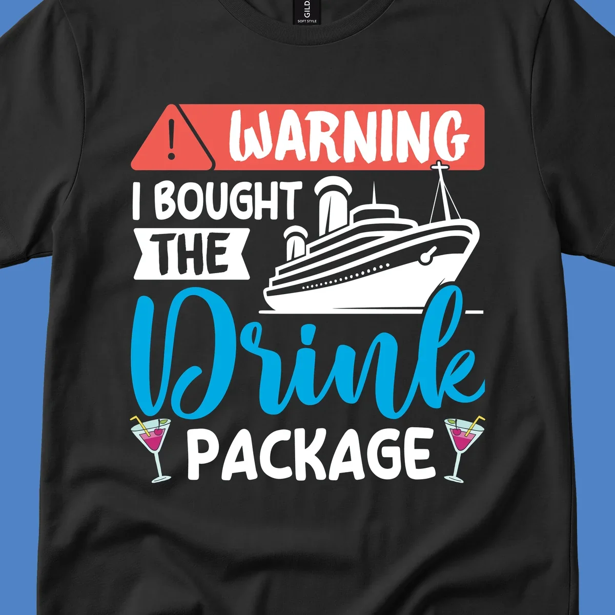 Warning graphic with cruise ship and wine glasses - humorous cruise wine package design