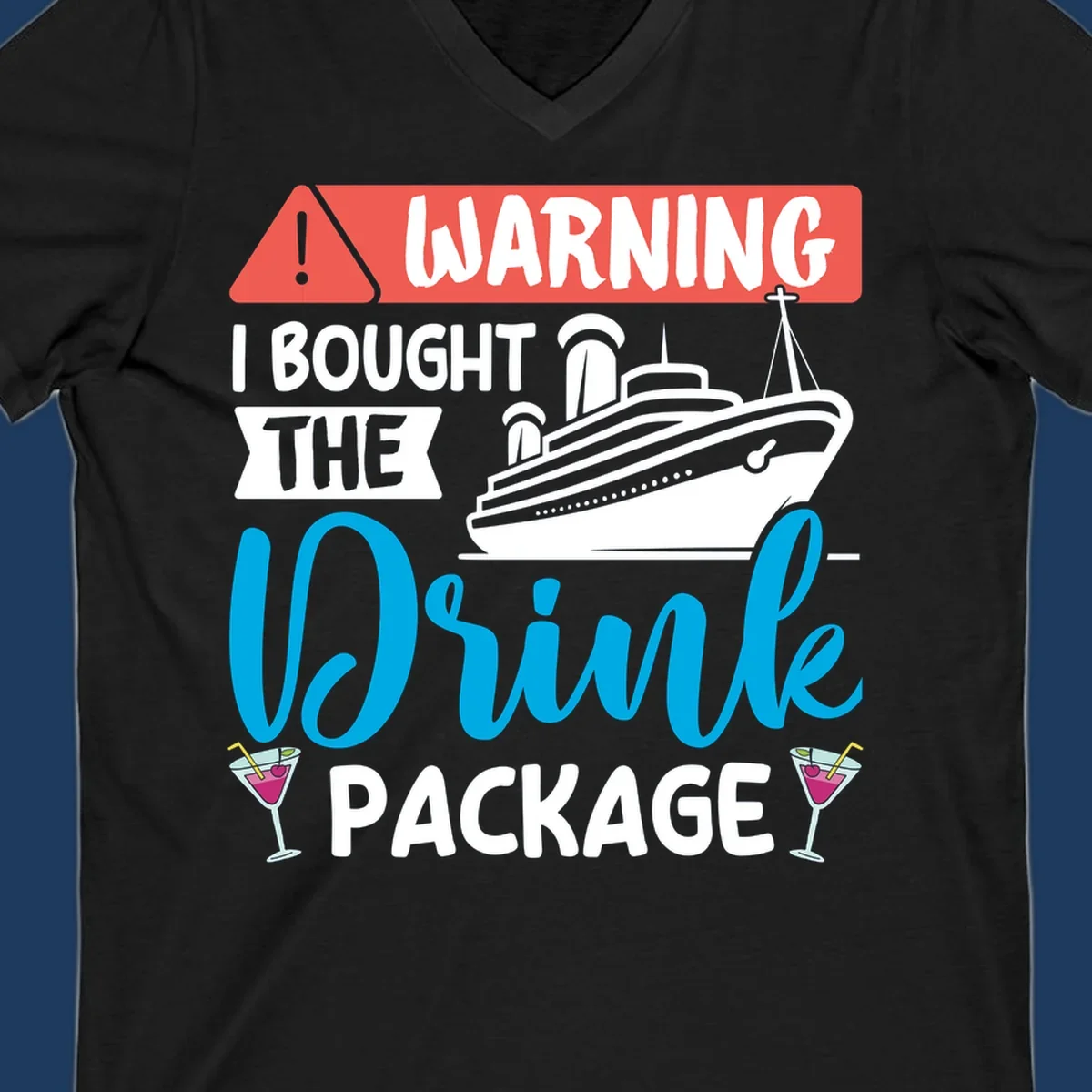 Warning graphic with cruise ship and wine glasses - humorous cruise wine package design
