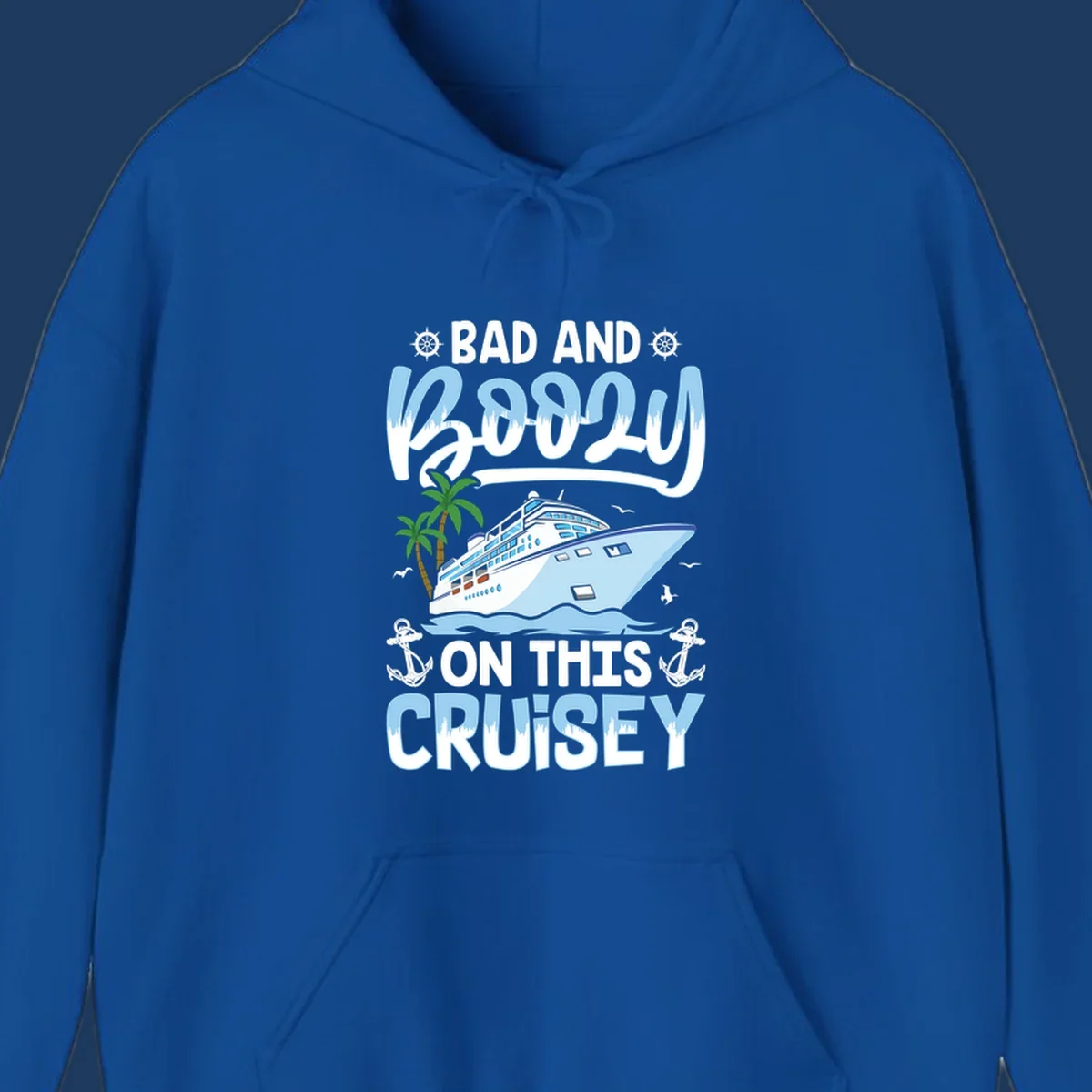 Nautical cruise ship design with 'Bad and Knotty on This Cruise' text, featuring anchors, wheels, and tropical elements