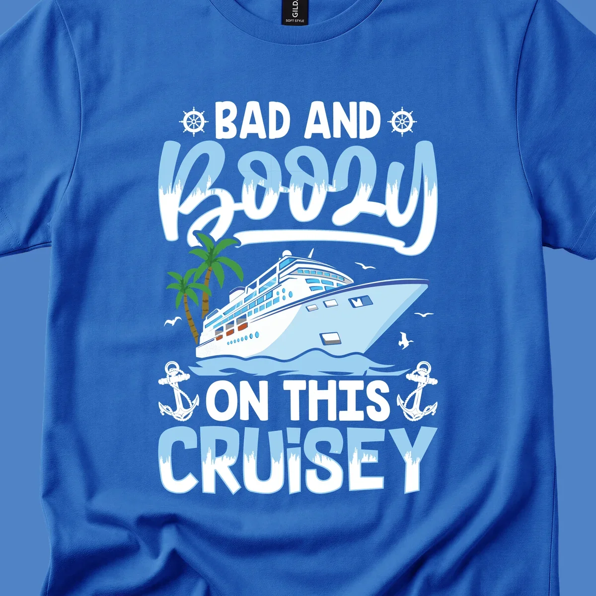 Nautical cruise ship design with 'Bad and Knotty on This Cruise' text, featuring anchors, wheels, and tropical elements