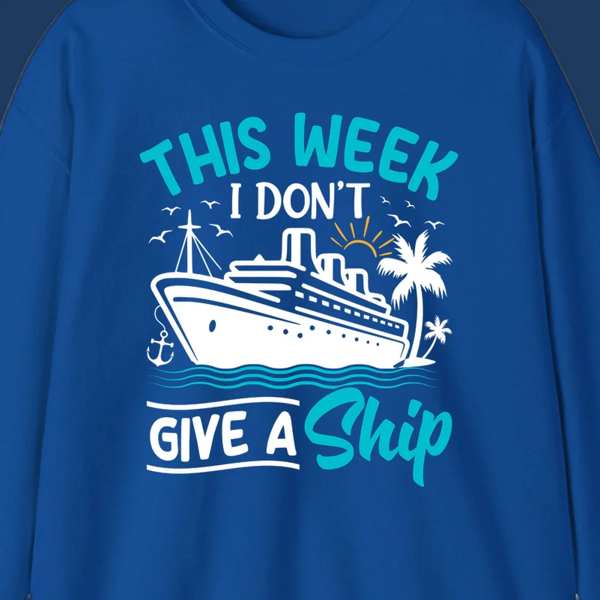 Illustration of a cruise ship with text reading 'This Week I Don't Give A Ship' featuring nautical elements and ocean waves