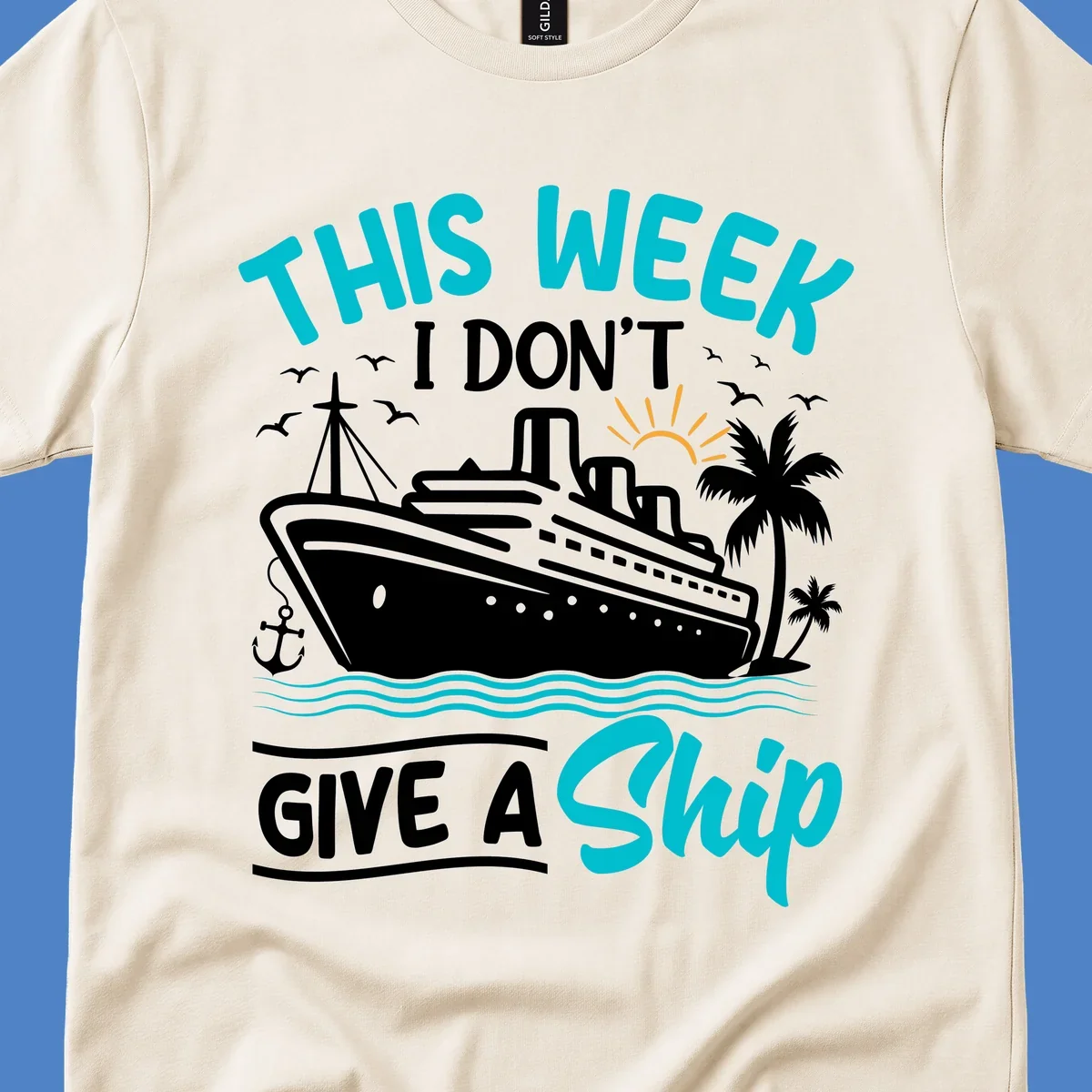 Illustration of a cruise ship with text reading 'This Week I Don't Give A Ship' featuring nautical elements and ocean waves