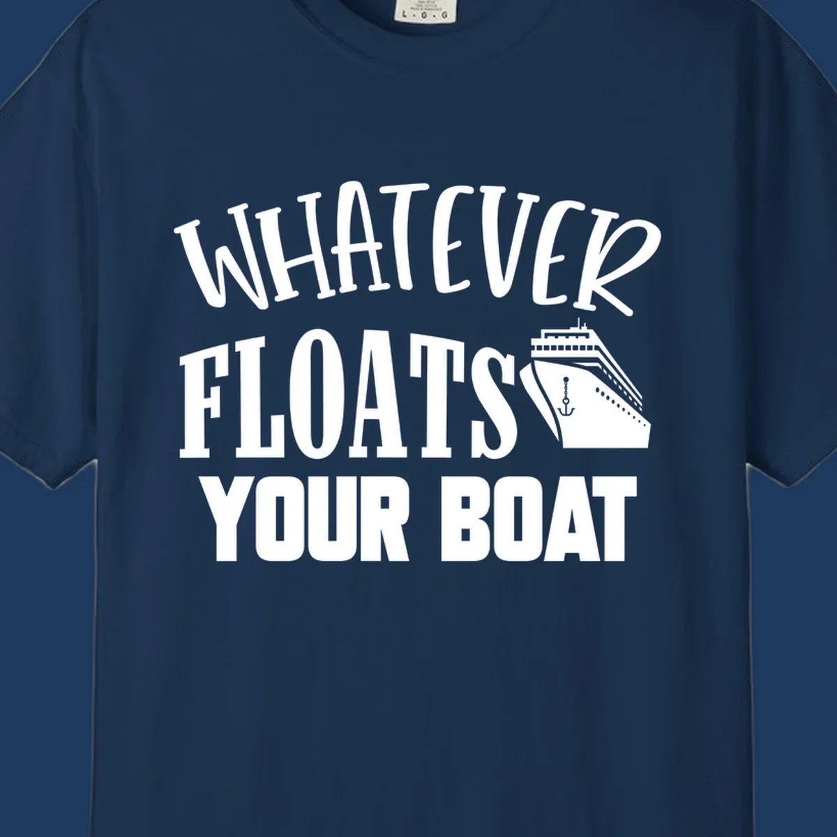 White text reading 'Whatever Floats Your Boat' with a cruise ship and anchor illustration on gray background