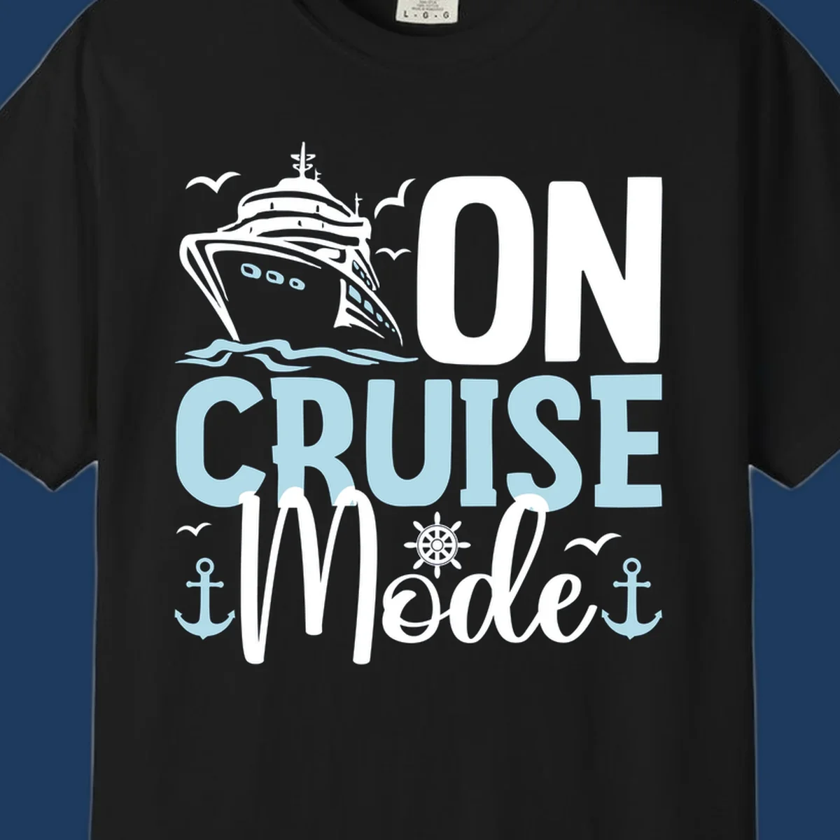 Illustration of a cruise ship with nautical elements and text reading 'On Cruise Mode' in white and light blue lettering on gray background.