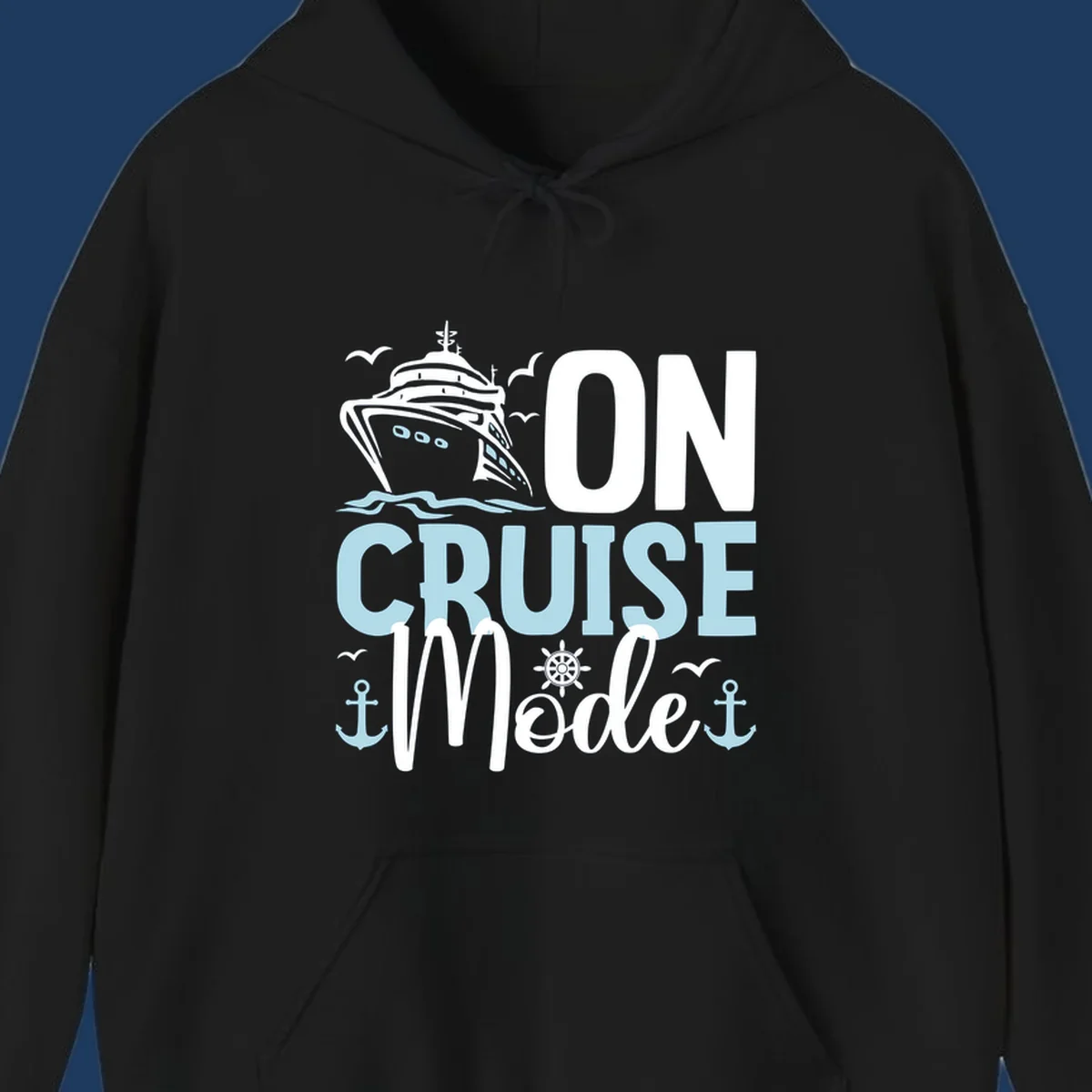 Illustration of a cruise ship with nautical elements and text reading 'On Cruise Mode' in white and light blue lettering on gray background.
