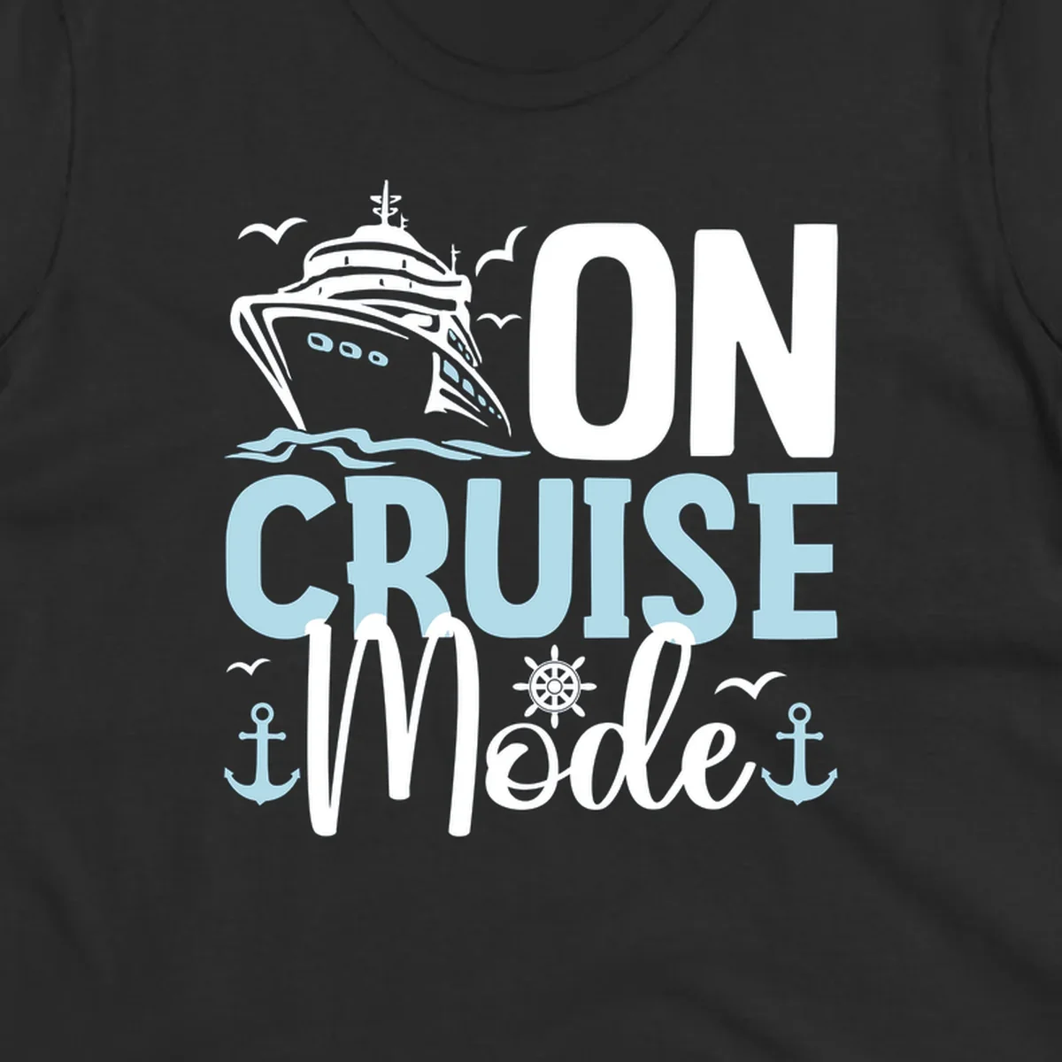 Illustration of a cruise ship with nautical elements and text reading 'On Cruise Mode' in white and light blue lettering on gray background.