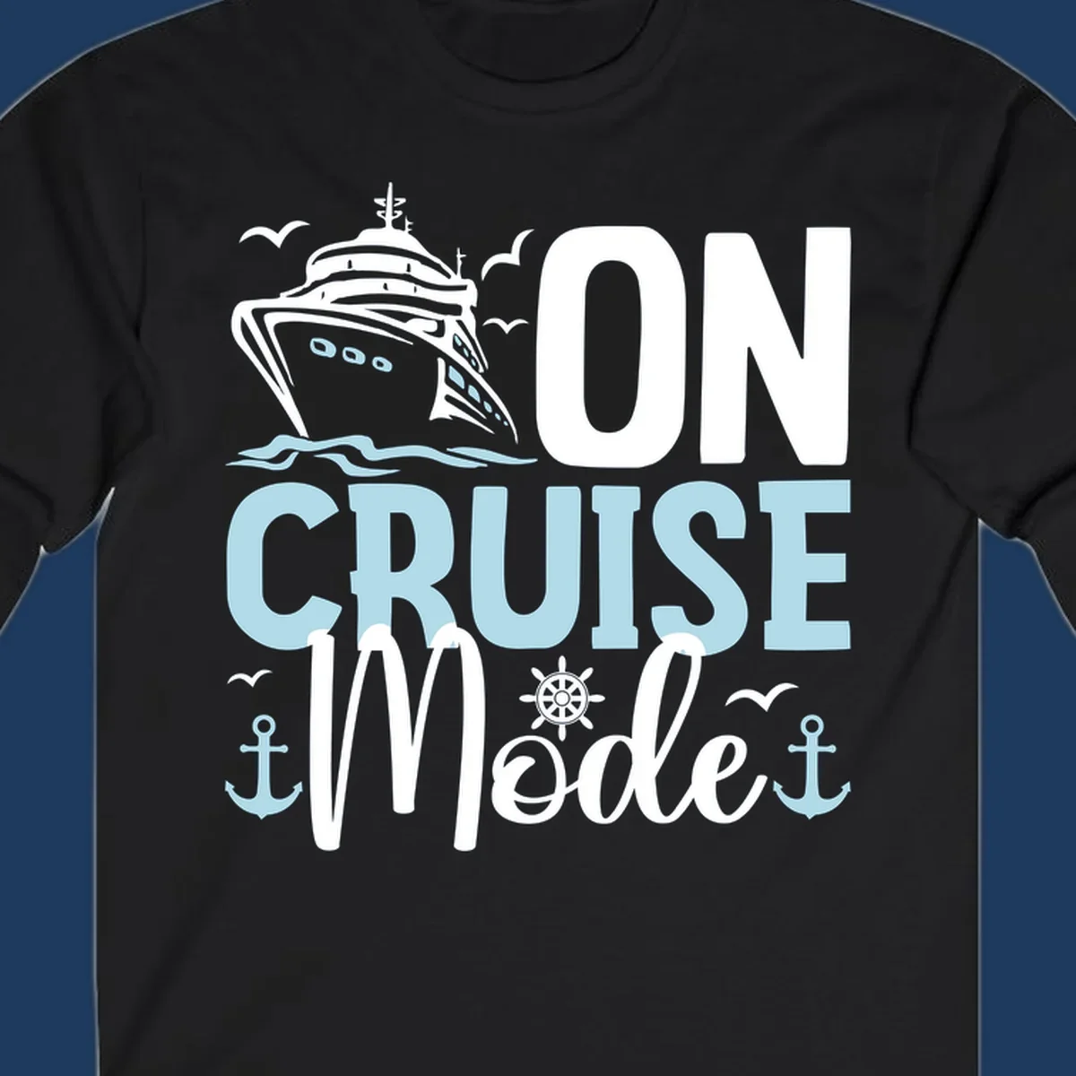 Illustration of a cruise ship with nautical elements and text reading 'On Cruise Mode' in white and light blue lettering on gray background.