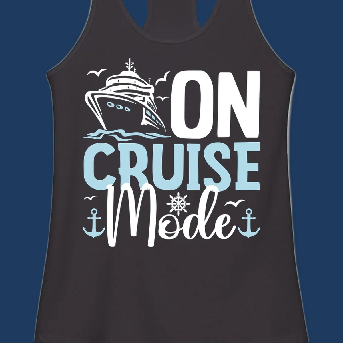 Illustration of a cruise ship with nautical elements and text reading 'On Cruise Mode' in white and light blue lettering on gray background.