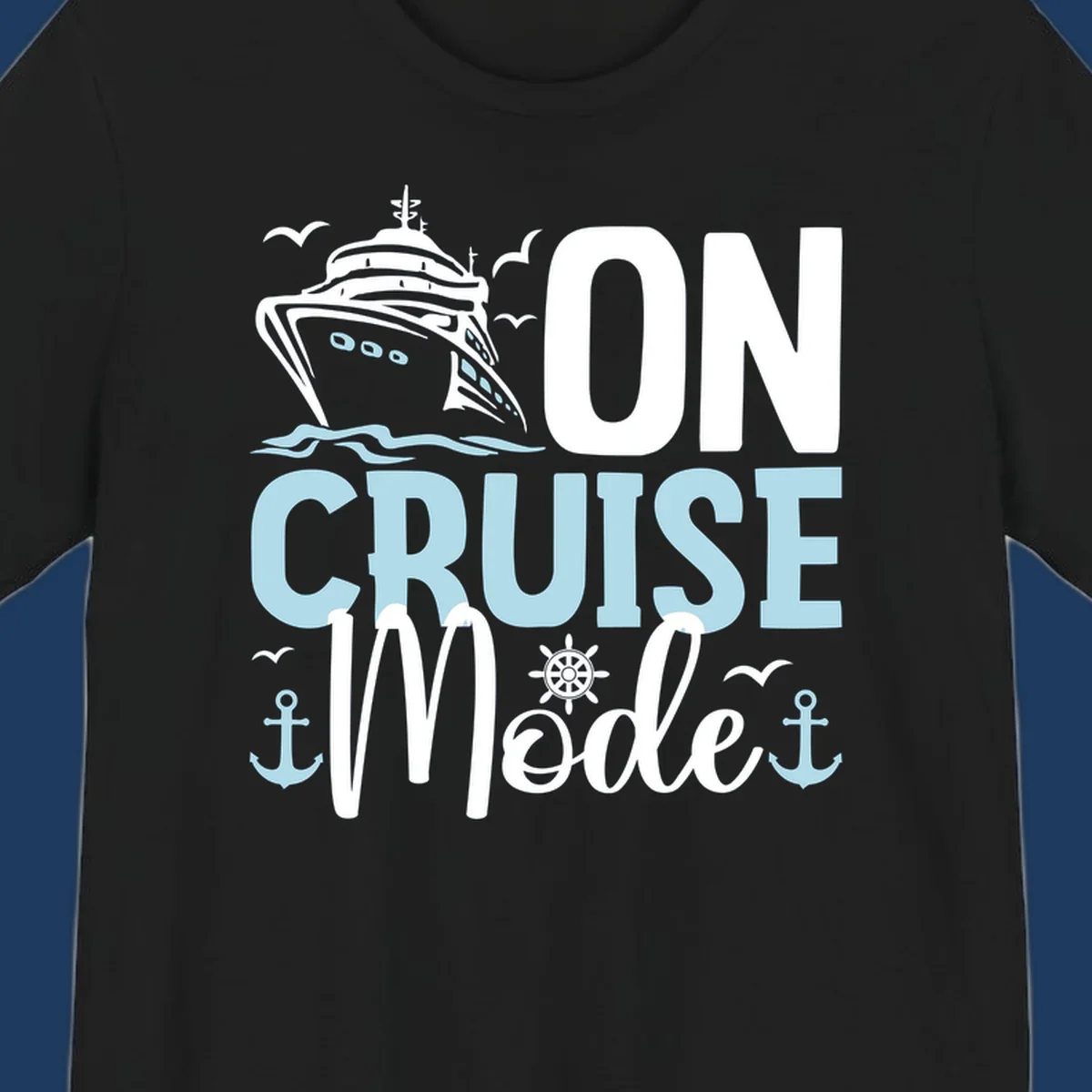 Illustration of a cruise ship with nautical elements and text reading 'On Cruise Mode' in white and light blue lettering on gray background.