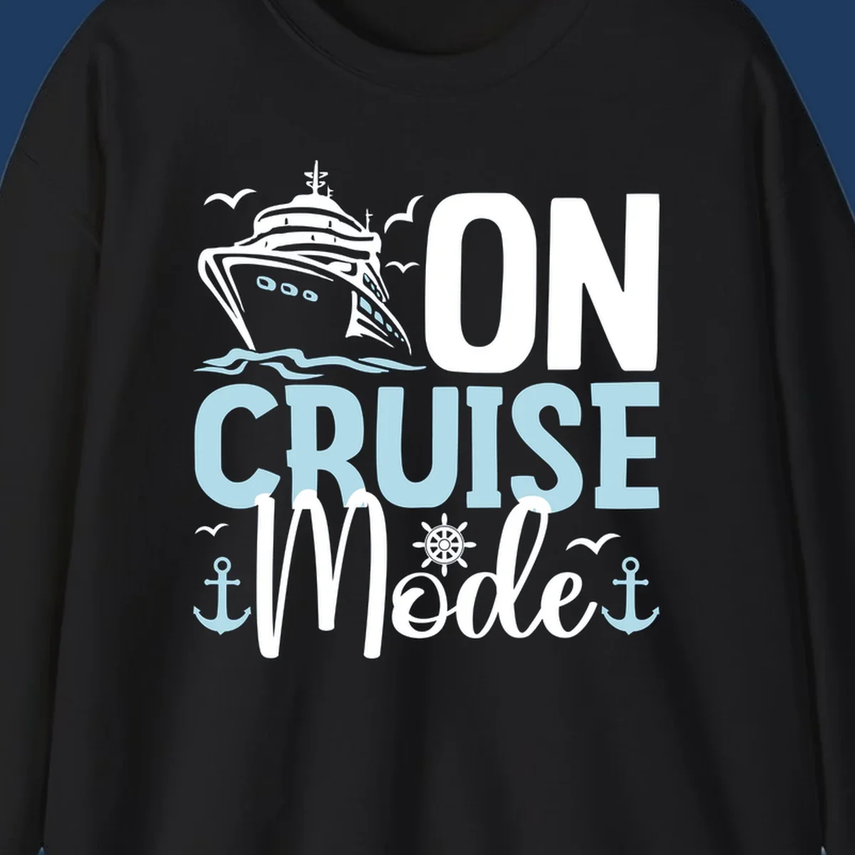 Illustration of a cruise ship with nautical elements and text reading 'On Cruise Mode' in white and light blue lettering on gray background.