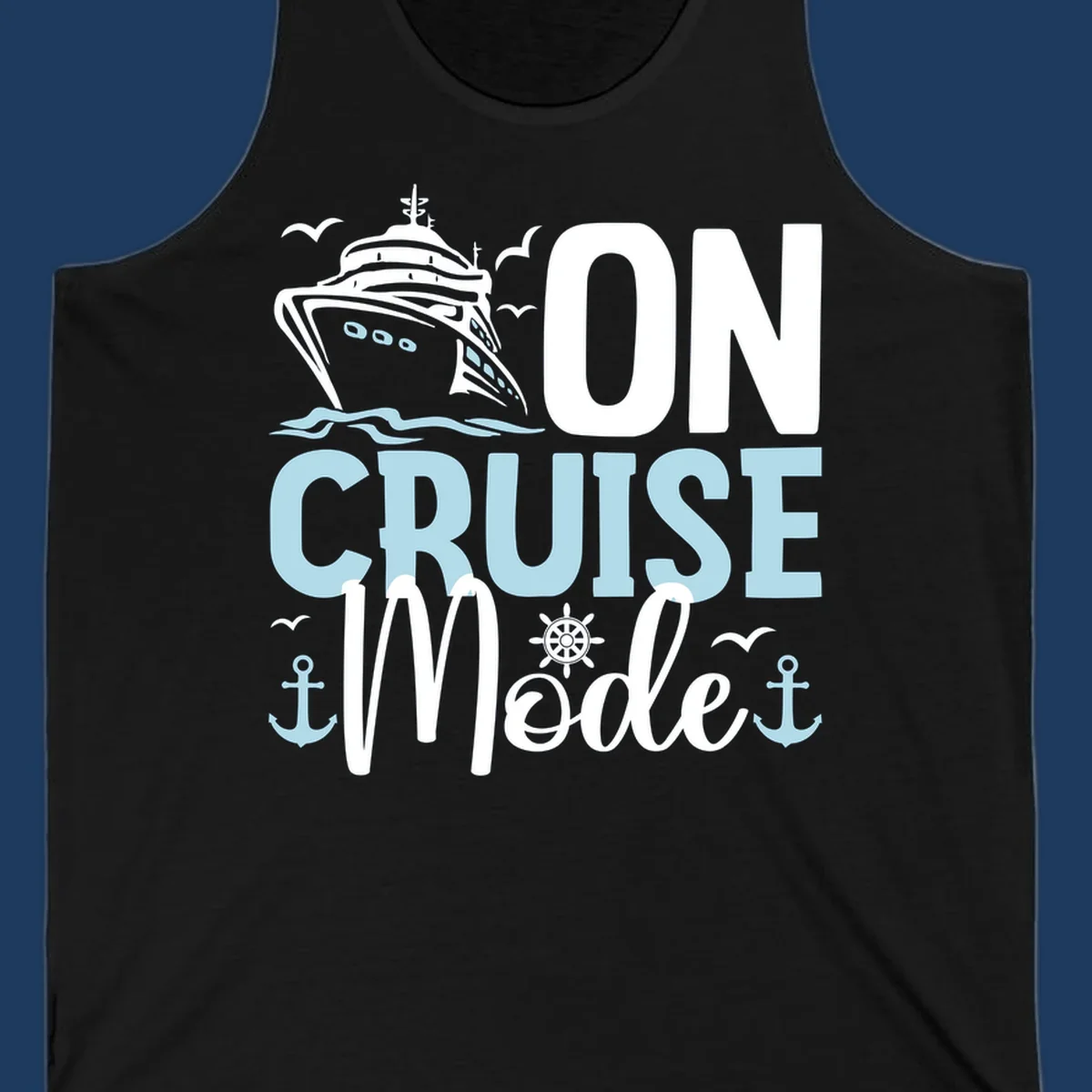 Illustration of a cruise ship with nautical elements and text reading 'On Cruise Mode' in white and light blue lettering on gray background.