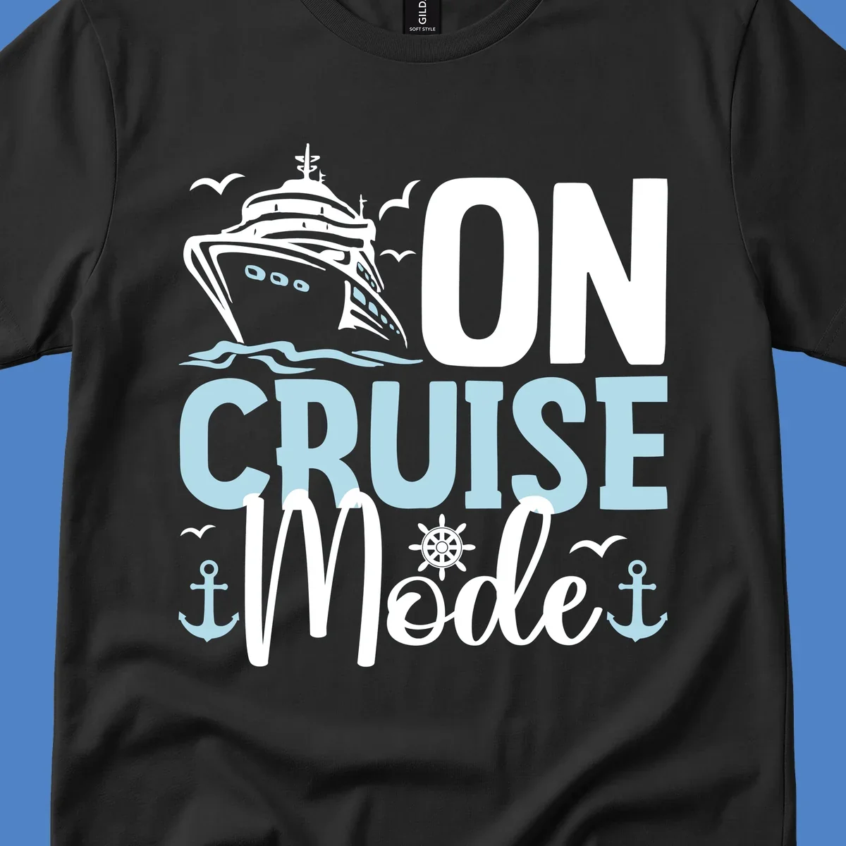 Illustration of a cruise ship with nautical elements and text reading 'On Cruise Mode' in white and light blue lettering on gray background.