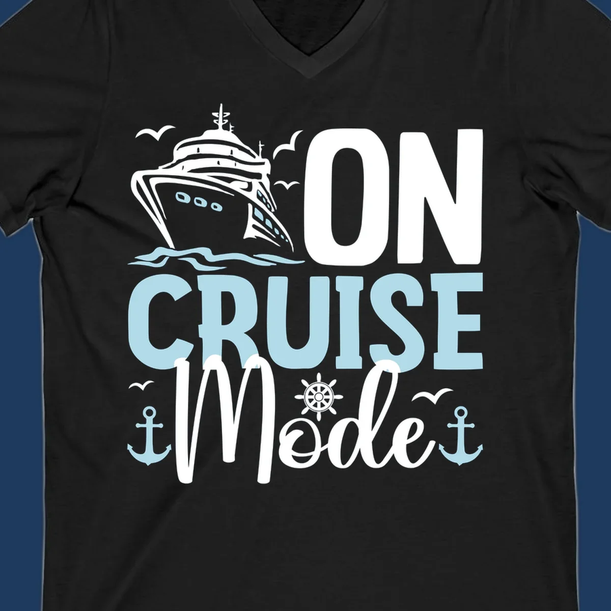 Illustration of a cruise ship with nautical elements and text reading 'On Cruise Mode' in white and light blue lettering on gray background.