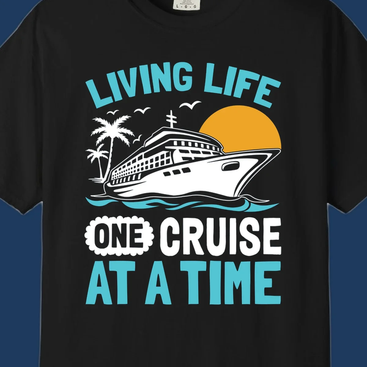 Retro cruise ship illustration with sunset, palm trees, and waves, featuring 'Living Life One Cruise At A Time' text.