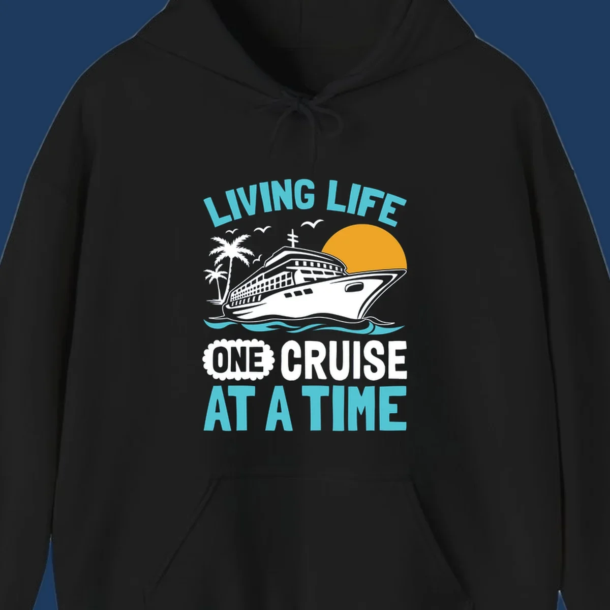 Retro cruise ship illustration with sunset, palm trees, and waves, featuring 'Living Life One Cruise At A Time' text.